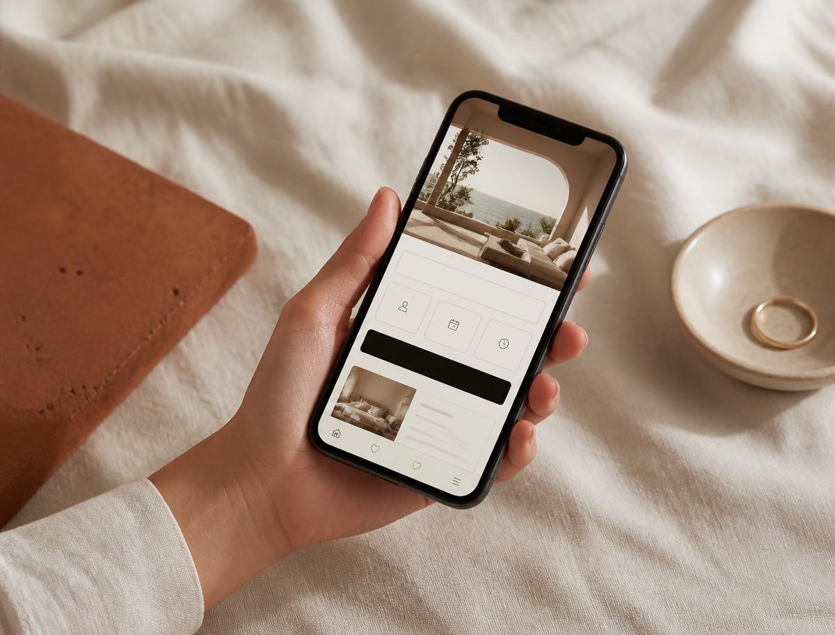 Mobile booking interface held above warm linen