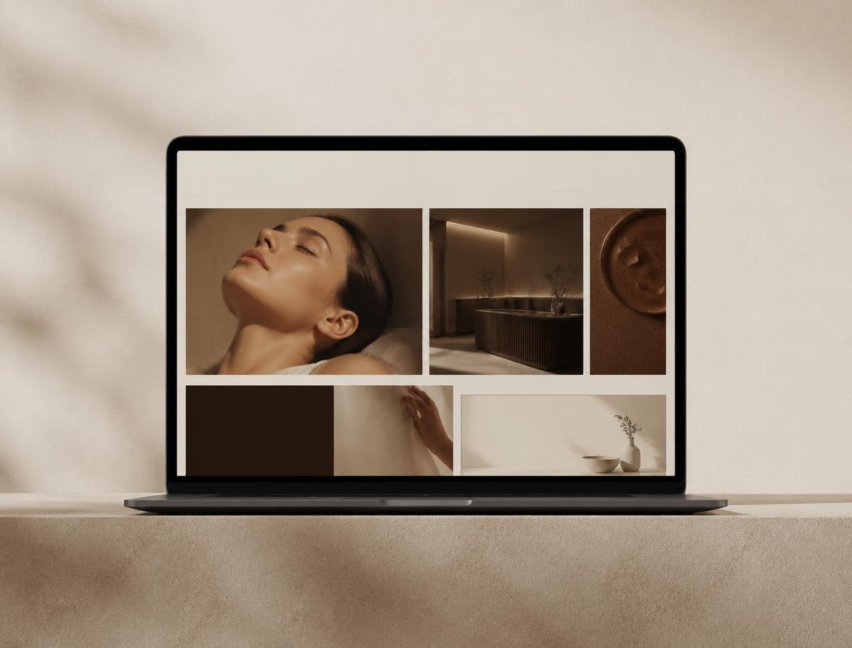 Warm editorial website design for a wellness clinic shown on a laptop
